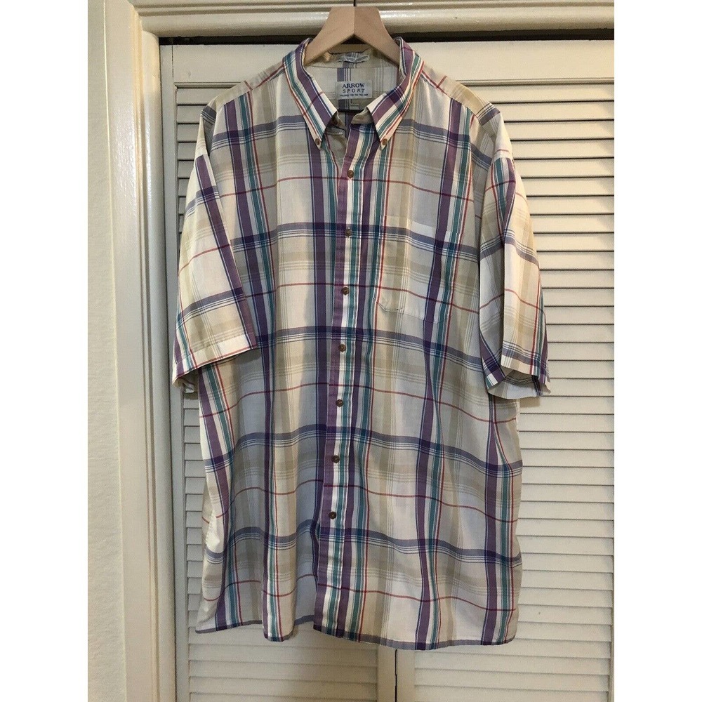 Arrow Sport Men’s Vintage Button Up Short Sleeve Casual Shirt 2XL Tall Plaid
